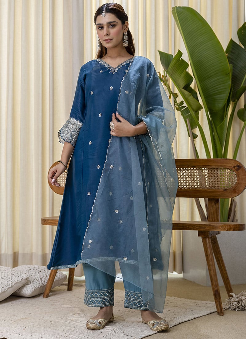 Teal Silk Embroidered A Line Straight Pant Suit Festive Wear