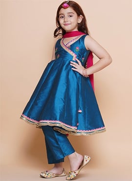 Teal Silk Embroidered Angarkha Style Kids Girls Straight Pant Suit