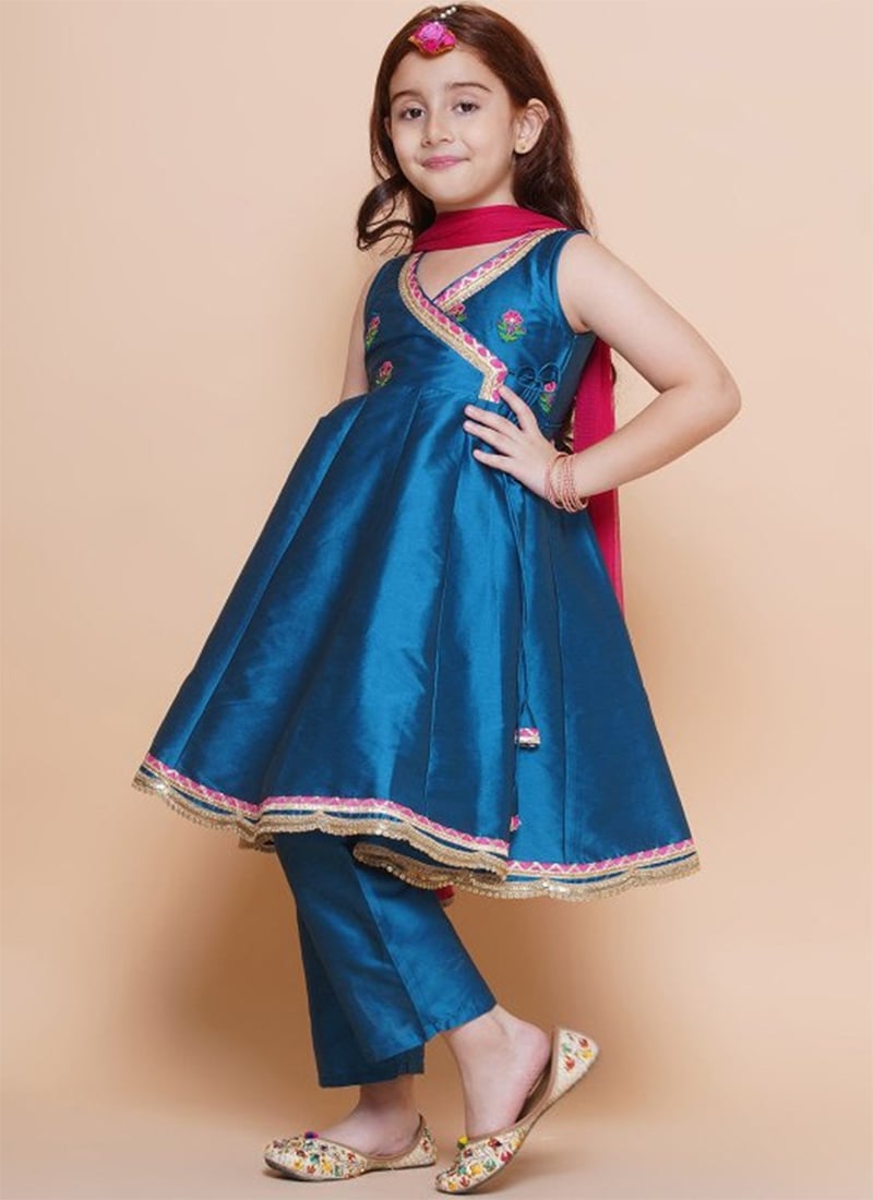 Teal Silk Embroidered Angarkha Style Kids Girls Straight Pant Suit Festive Wear