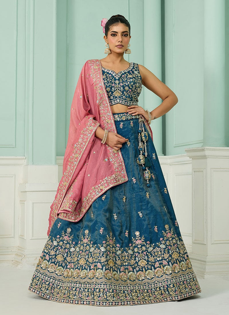 Teal Silk Embroidered Beads Cut Work Umbrella Lehenga