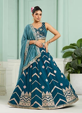 Teal Silk Embroidered Beads Stones Cut Work Umbrella Lehenga Wedding Wear