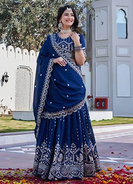 Teal Silk Embroidered Foil Print Umbrella Lehenga