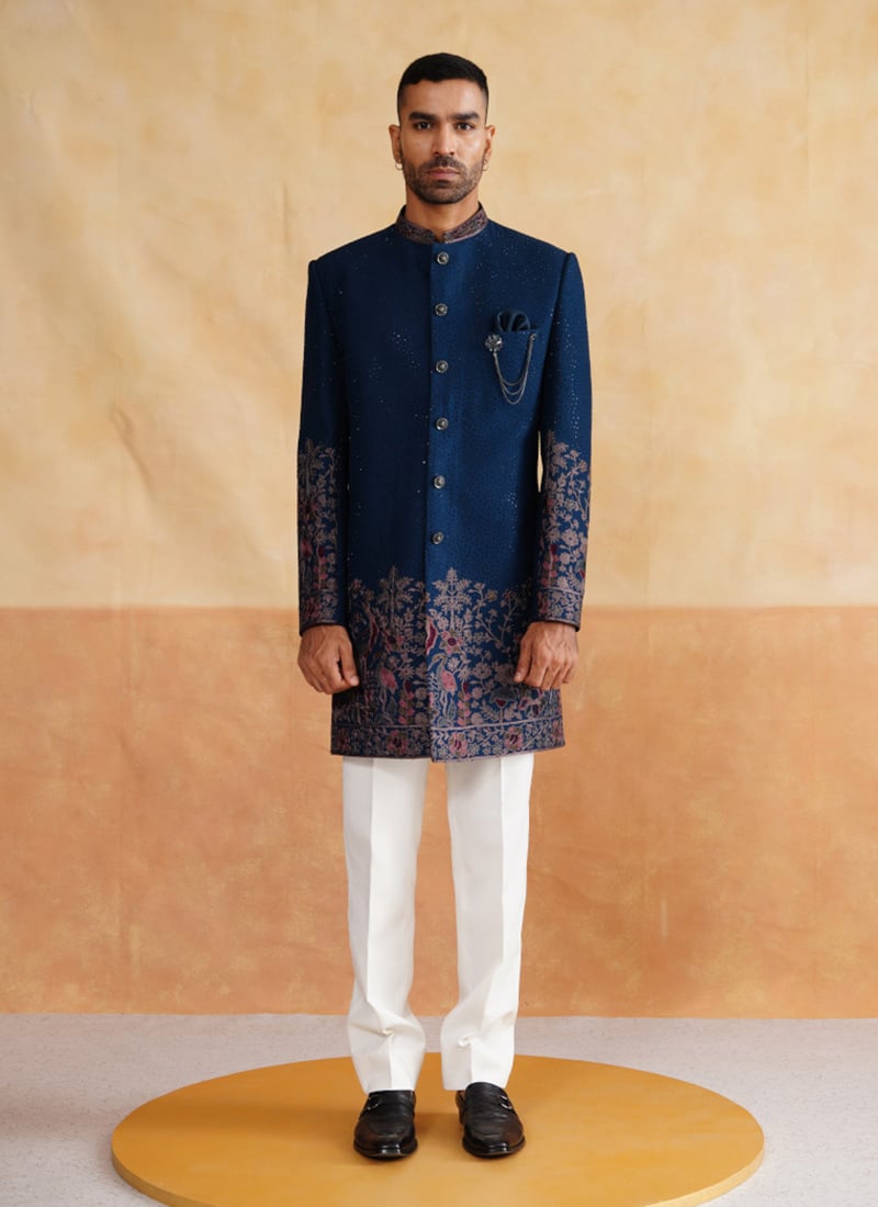 Teal Silk Embroidered Indowestern Sherwani With Stole Wedding Wear