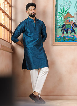 Teal Silk Embroidered Kurta Pyjama For Men