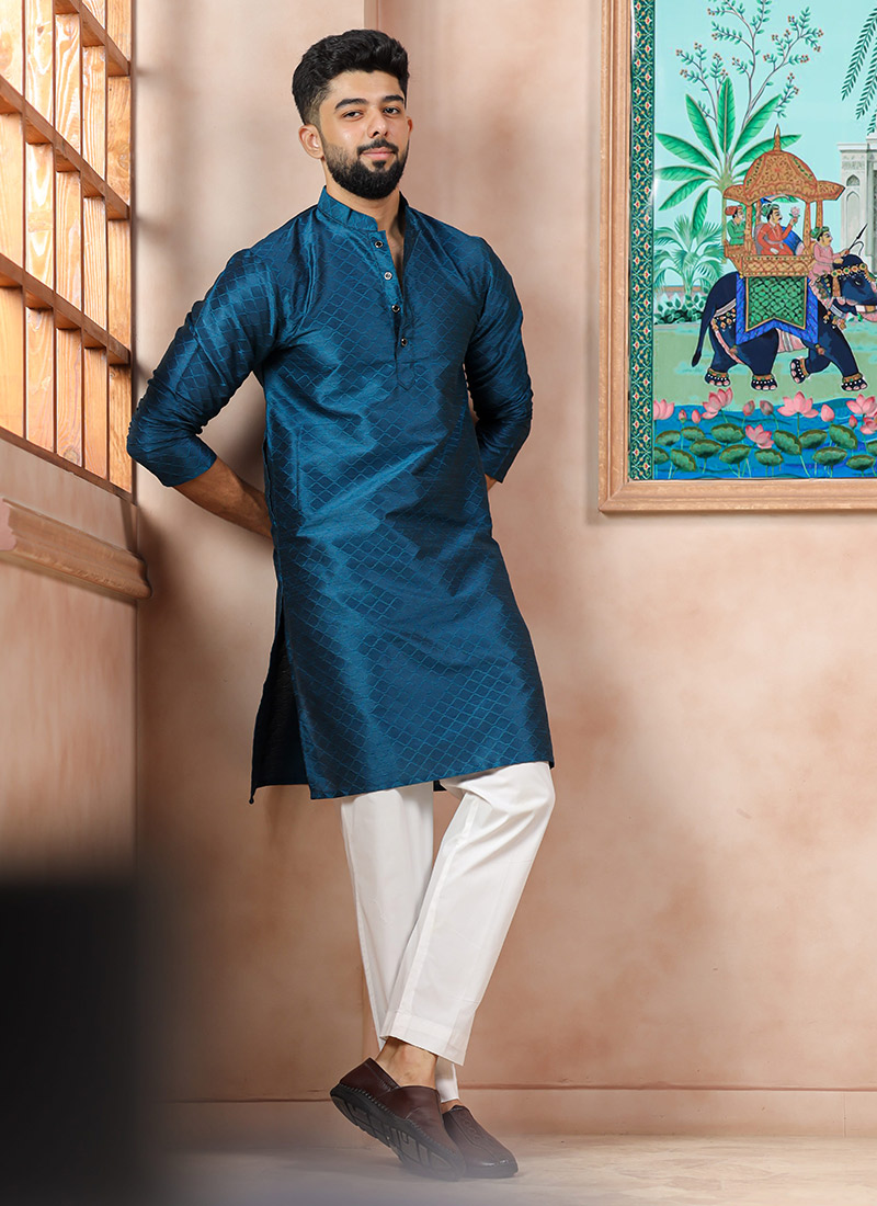 Teal Silk Embroidered Kurta Pyjama For Men Festive Wear