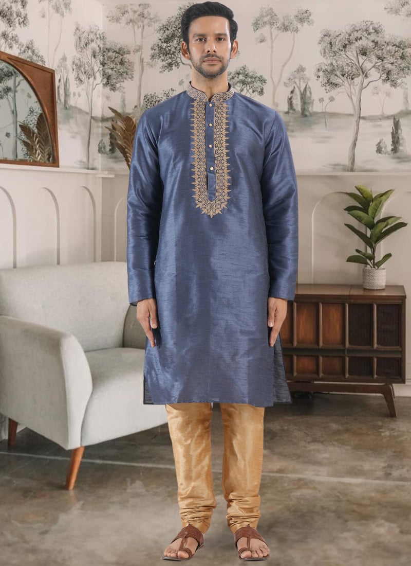 Teal Silk Embroidered Kurta Pyjama Festive Wear