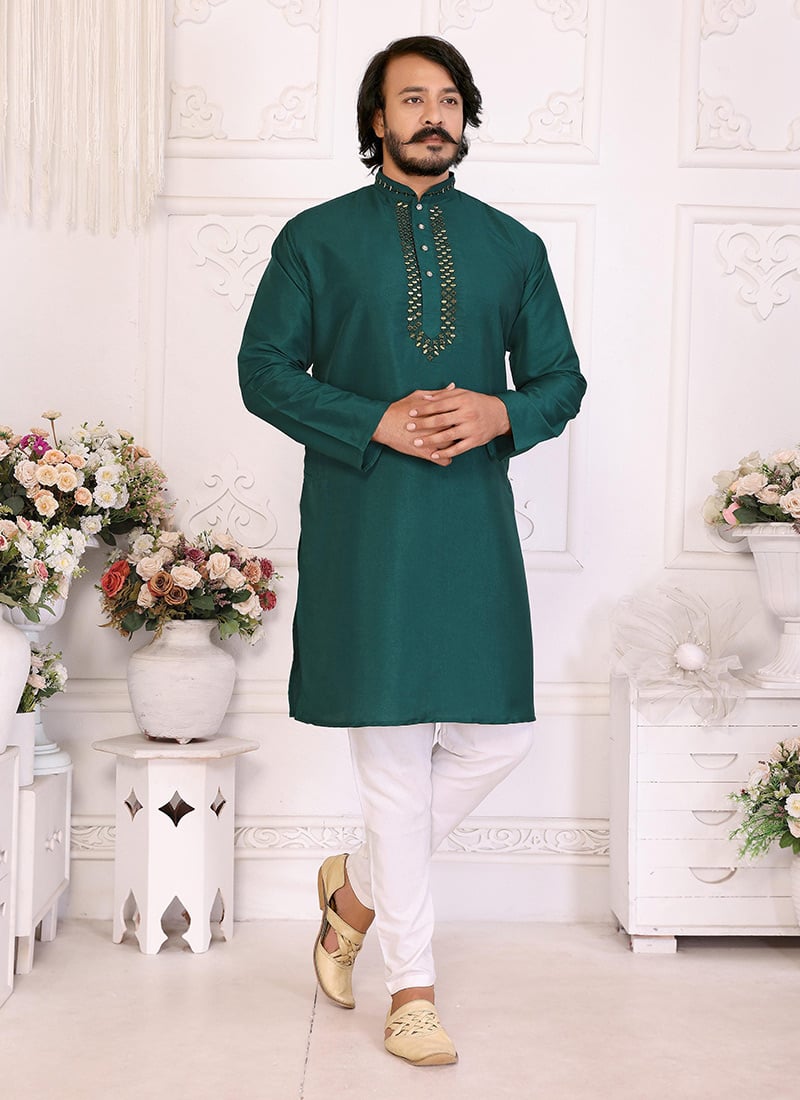 Teal Silk Embroidered Kurta Pyjama Festive Wear