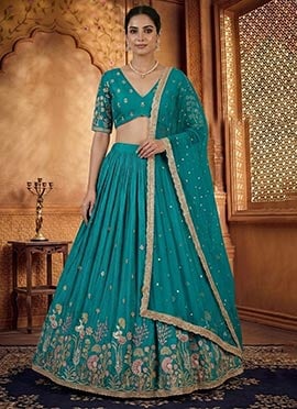 Teal Silk Embroidered Lehenga