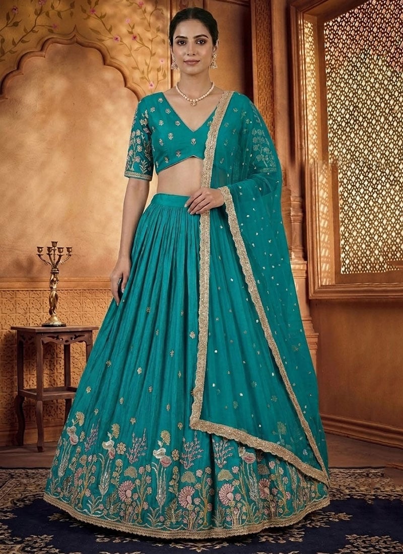 Teal Silk Embroidered Lehenga Wedding Wear