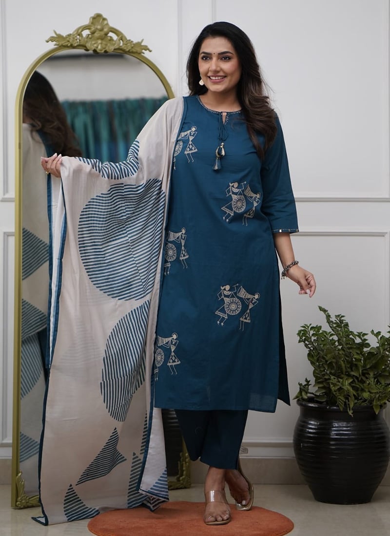 Teal Silk Embroidered Printed Straight Pant Suit  After Six Wear