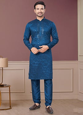 Teal Silk Embroidered Sequin Mens Kurta Pyjama Set