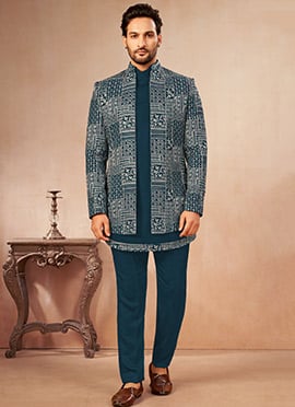 Teal Silk Embroidered Sequin Pattern Indo Western Sherwani
