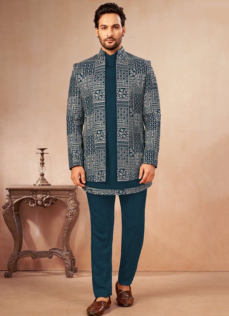 Teal Silk Embroidered Sequin Pattern Indo Western Sherwani Wedding Wear
