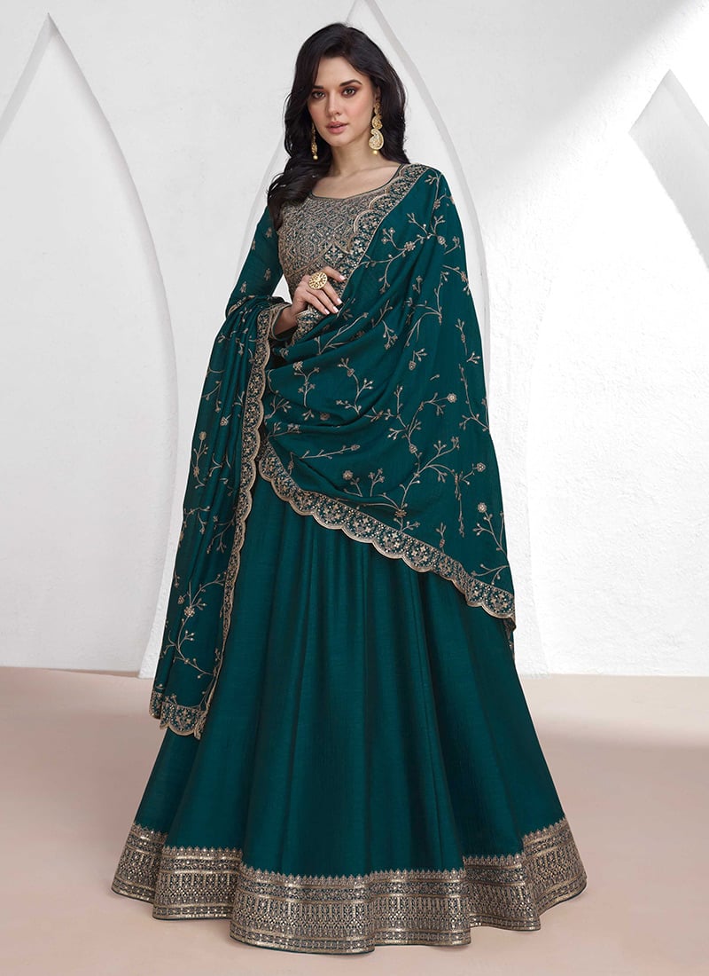 Teal Silk Embroidered Sequins Anarkali Gown