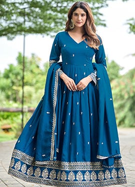 Teal Silk Embroidered Sequins Anarkali Suit