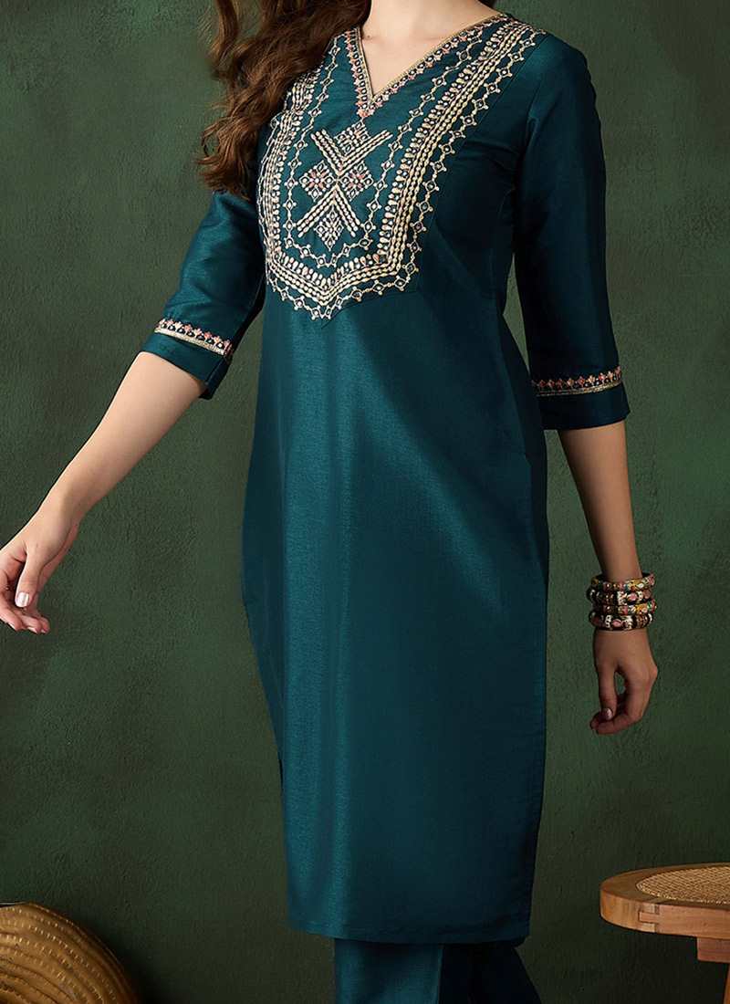 Teal Silk Kurta Set Stone Work main image 0