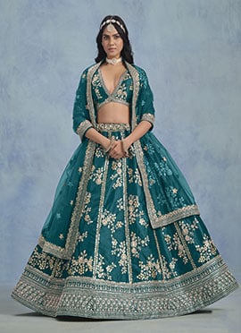 Teal Silk Embroidered Sequins Lehenga Wedding Wear