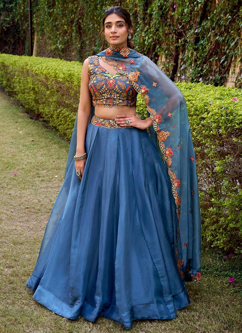 Teal Silk Embroidered Sequins Lehenga Wedding Wear