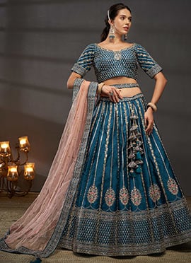 Teal Silk Embroidered Sequins Moti And Zarkan Work Lehenga For