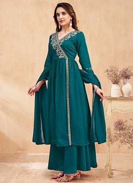 Teal Silk Embroidered Sequins Palazzo Suit