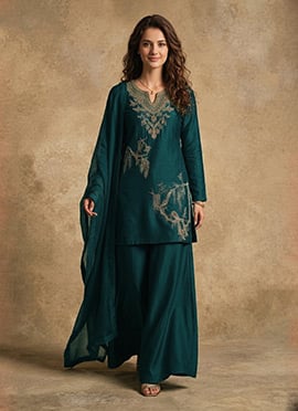 Teal Silk Embroidered Sequins Palazzo Suit