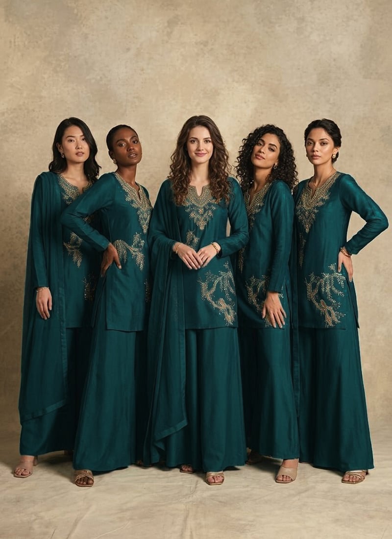 Teal Silk Embroidered Sequins Palazzo Suit Festive Wear