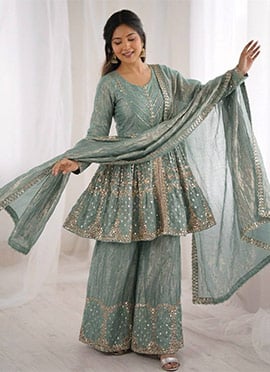 Teal Silk Embroidered Sequins Palazzo Suit