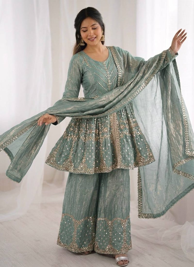 Teal Silk Embroidered Sequins Palazzo Suit Festive Wear