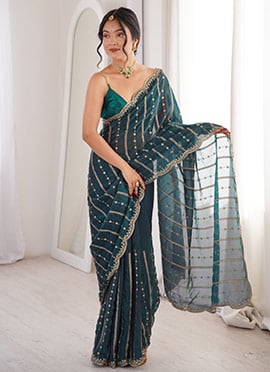 Teal Silk Embroidered Sequins Saree