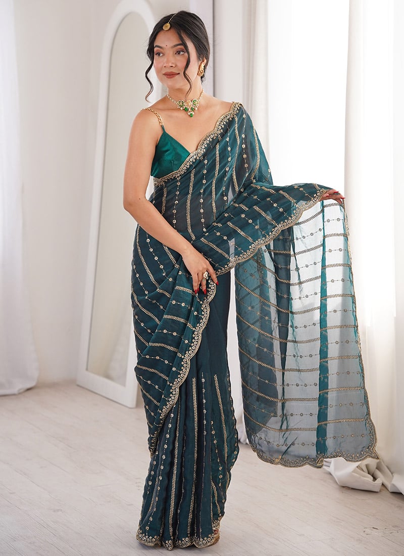 Teal Silk Embroidered Sequins Saree Party Wear
