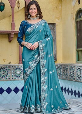 Teal Silk Embroidered Sequins Saree
