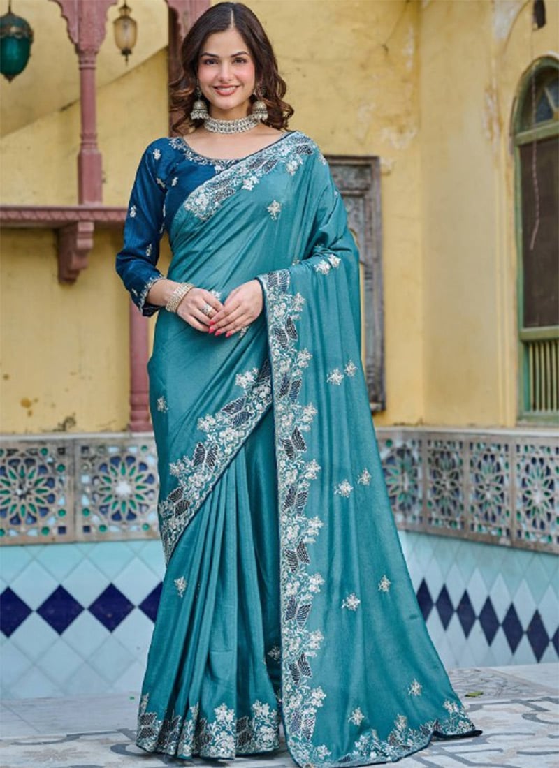 Teal Silk Embroidered Sequins Saree Festive Wear