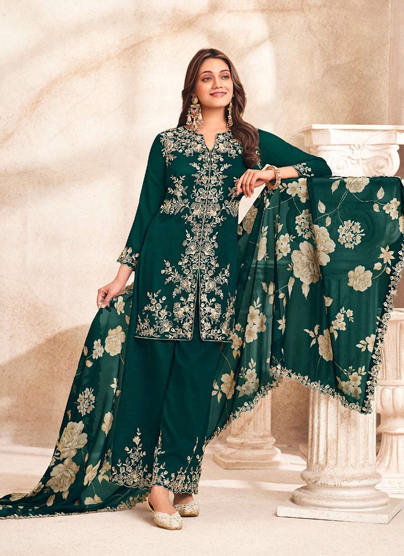 Teal Silk Embroidered Sequins Stone Work Palazzo Suit With Digital Print Dupatta Festive Wear