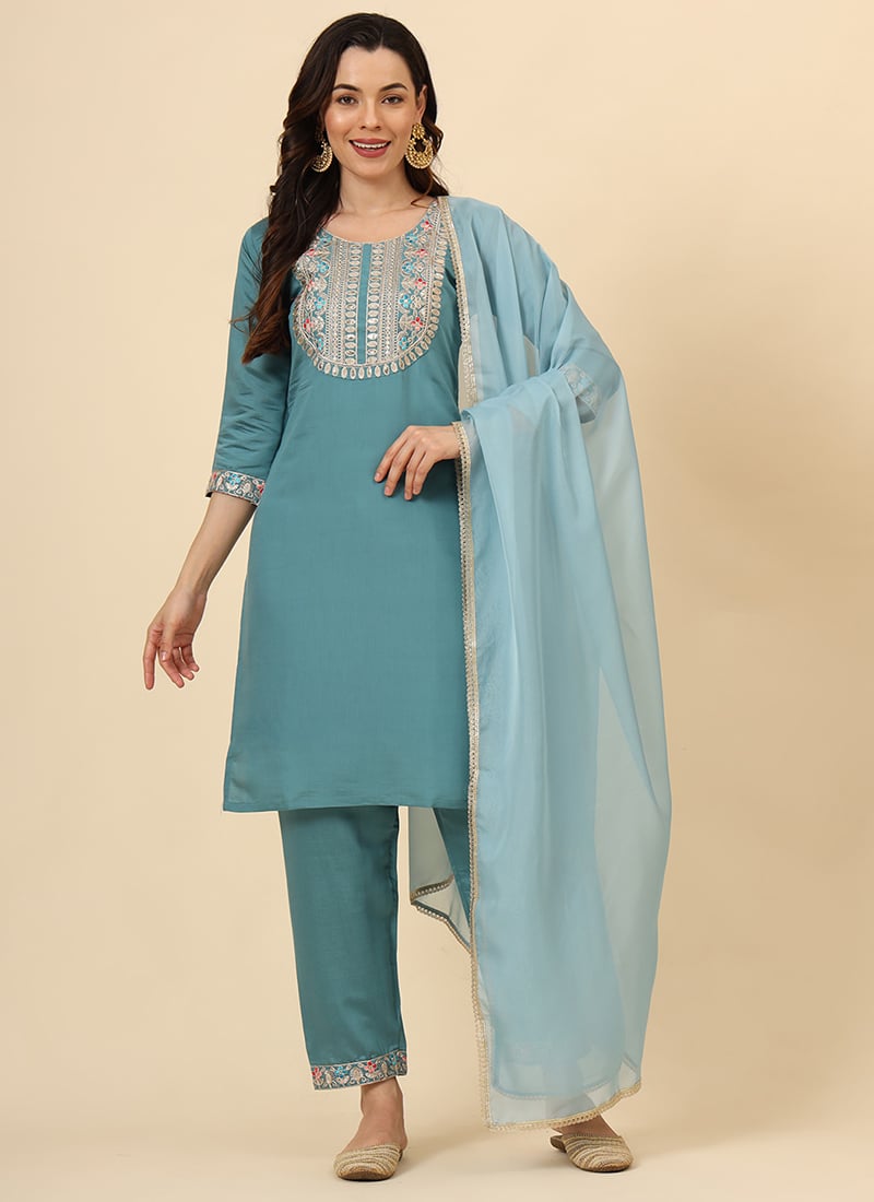 Teal Silk Embroidered Sequins Straight Pant Suit After Six Wear