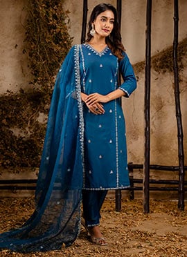 Teal Silk Embroidered Sequins Straight Pant Suit