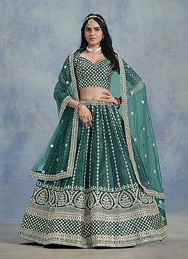 Teal Silk Embroidered Sequins Umbrella Lehenga
