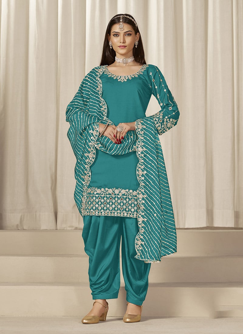 Teal Silk Embroidered Sequins With Mirror Work Salwar Suit Festive Wear