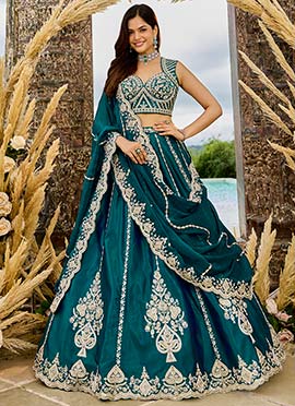 Teal Silk Embroidered Sequins Zari Beads Work Lehenga