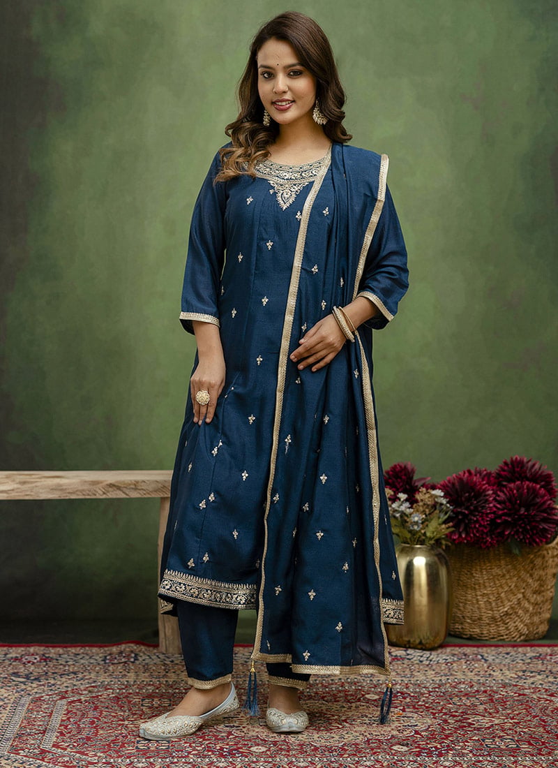 Teal Silk Embroidered Straight Pant Suit Festive Wear