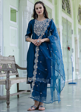 Teal Silk Embroidered Straight Pant Suit