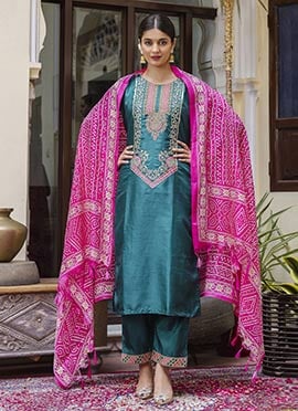 Teal Silk Embroidered Straight Pant Suit With Bandhini Print Dupatta