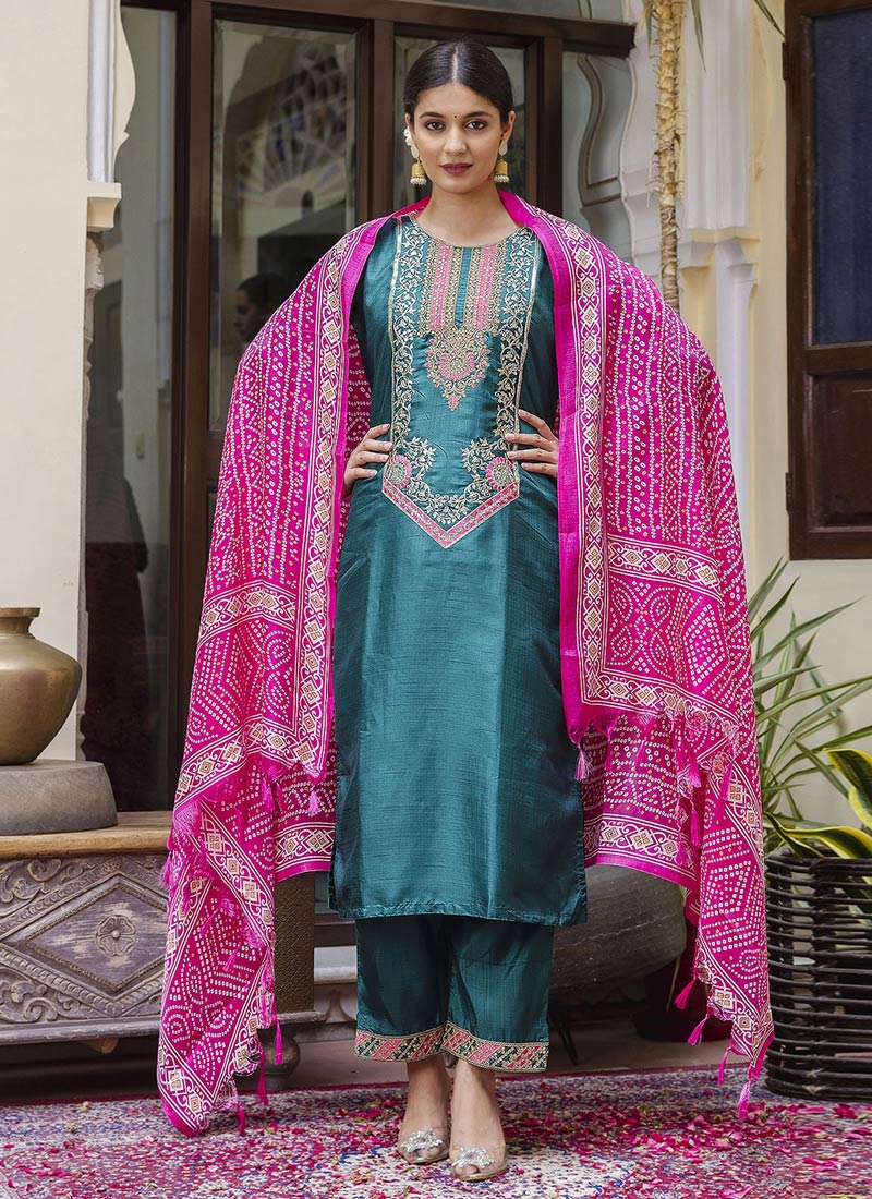 Teal Silk Embroidered Straight Pant Suit With Bandhini Print Dupatta