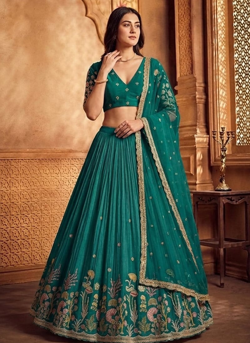 Teal Silk Embroidered Stunning Lehenga Wedding Wear