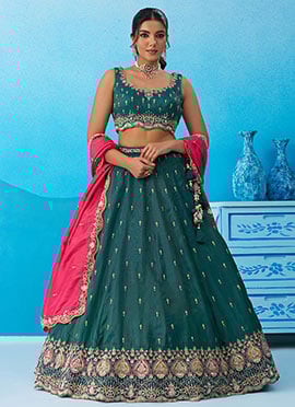 Teal Silk Embroidered Zari Sequins Beads Lehenga
