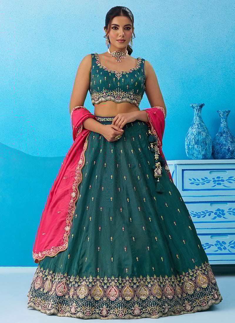 Teal Silk Embroidered Zari Sequins Beads Lehenga Wedding Wear