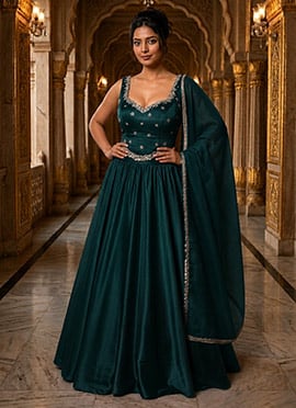 Teal Silk Hand Embroidered Sequins Lehenga
