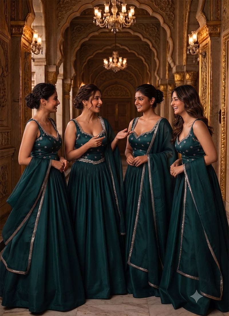 Teal Silk Hand Embroidered Sequins Lehenga Wedding Wear
