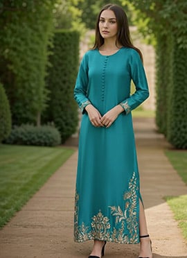 Teal Silk Hand Embroidered Zardosi Straight Pant Suit