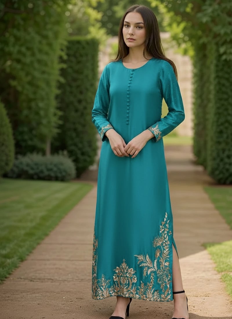 Teal Silk Hand Embroidered Zardosi Straight Pant Suit Festive Wear
