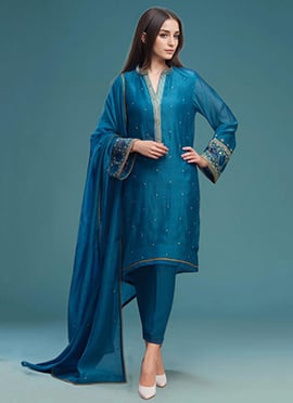 Teal Silk Hand Embroidered Zari Resham Straight Pant Suit